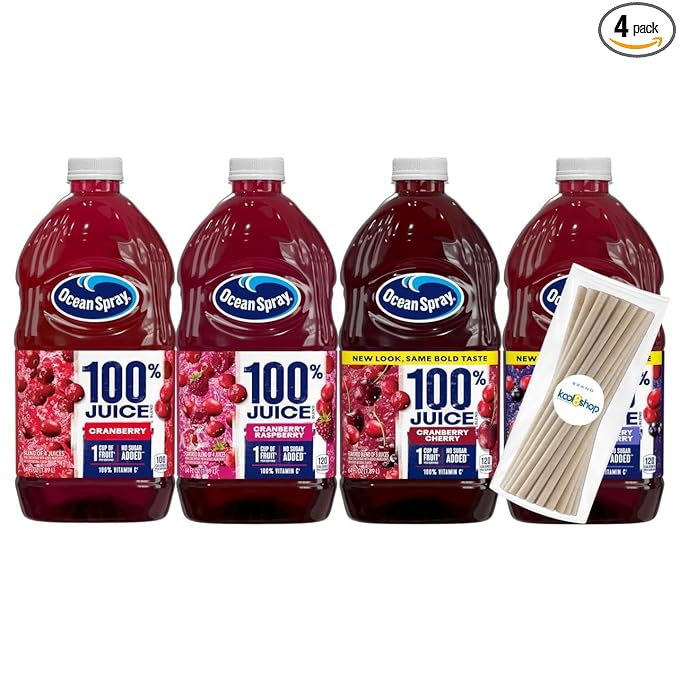 Ocean Spray 100% Berry Collection Fruit Juice No Added Sugar 64 fl oz 4 Pack + 15 Sugarcane Disposable Straws by KOOL8SHOP Infinite Deals
