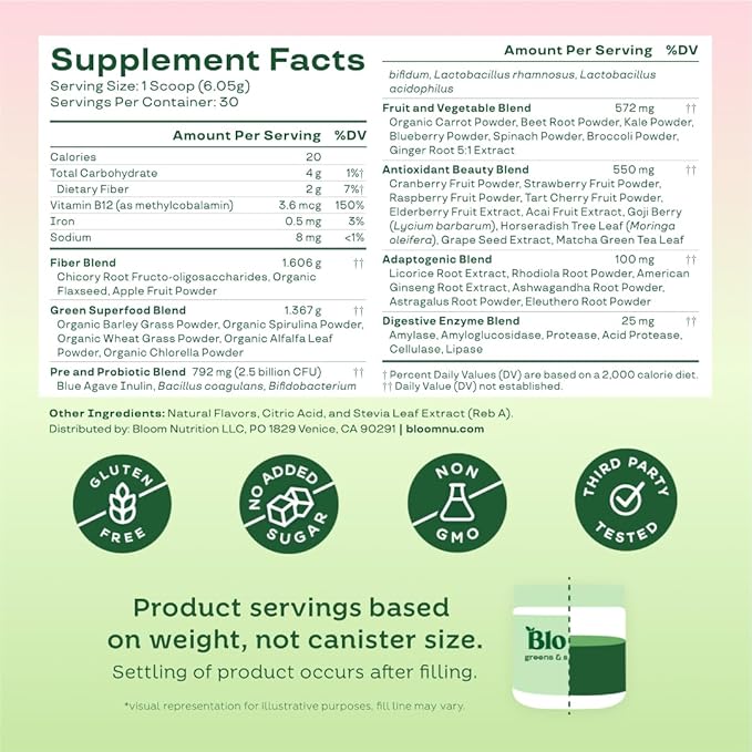 Bloom Nutrition Greens and Superfoods Powder for Digestive Health Greens Powder Digestive Enzymes Probiotics Spirulina Chlorella for Bloating &amp Gut Support Green Juice 30 SVG Strawberry Ki