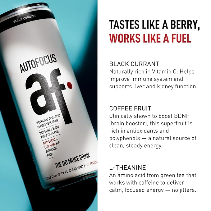 AUTOFOCUS Functional Energy Drink - Natural Focus Drink with Coffee Fruit &amp L-Theanine - Clean Caffeine Brain Booster - No Added Sugar. Productivity Energy Drink for Work &amp Study - Black Curra