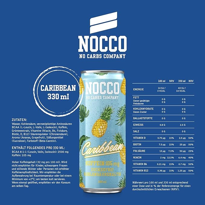 NOCCO BCAA Caribbean 24 x 330 ml Protein Rich Energy Drink without Sugar No Carbs Company Vitamin and Caffeine Boost Carbonated Sports Drinks for Muscle Performance and Regeneration