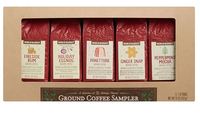World Market Limited Edition Ground Coffee Sampler 5 Pack Fireside Rum Holiday Eggnog Panettone Ginger Snap Peppermint Mocha. 2 - ounce bag