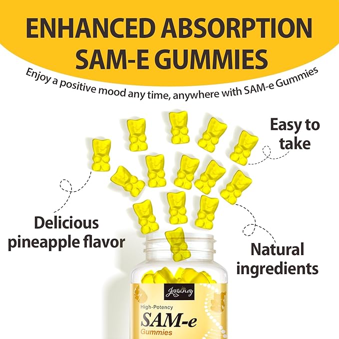 SAM-e Gummies with L-Tyrosine Vitamin B Complex &amp NAC CoQ10 High-Potency SAM-e Supplement - Pineapple Flavor for Mood Joint Cognitive &amp Liver Detox Vegan Friendly 180 Gummies