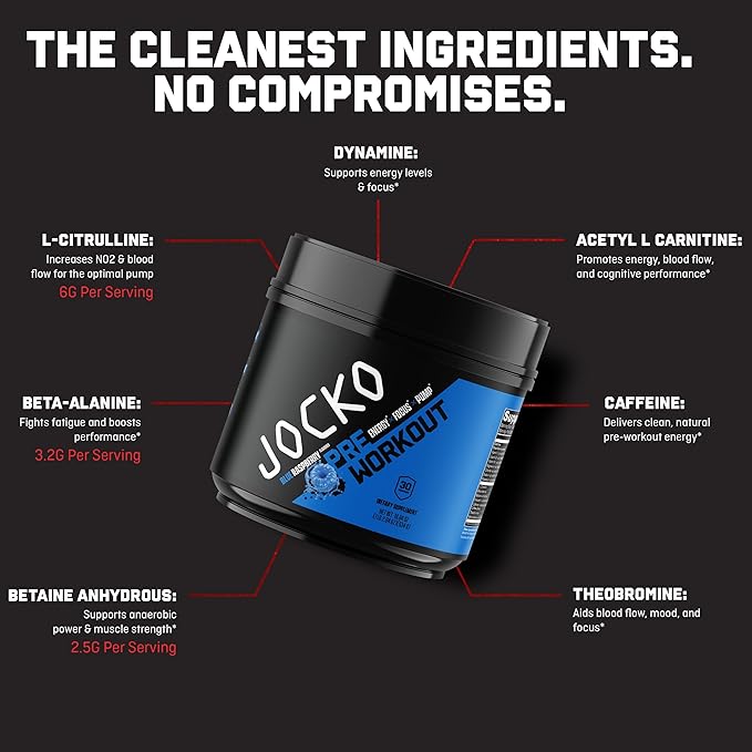 Jocko Fuel Ultimate Pre Workout Powder - Pre-Workout Energy Powder Drink for Men &amp Women - High Stim Sugar-Free Nootropic Blend to Support Muscle Pump Energy &amp Recovery 200mg Caffeine Blue R