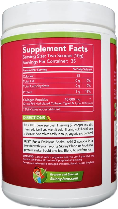 Skinny Jane Collagen Peptides Powder - Rejuvenates Skin - Healthy Hair and Nails -Supports Joints - Keto Friendly Zero Carbs - Unflavored - 35 Servings