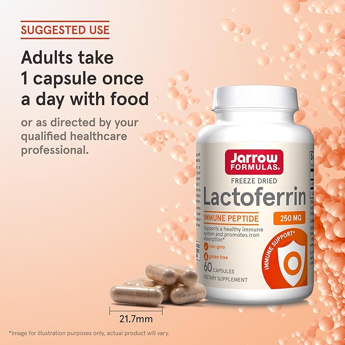 Jarrow Formulas Lactoferrin 250 mg - Immune-Supporting Glycoprotein - for Healthy Immune System Support &amp Iron Absorption - Freeze Dried - Gluten Free - Non-GMO - 60 Capsules (Servings) Pack of 1