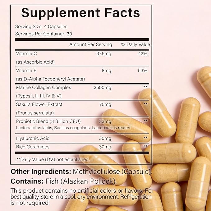 Women's Daily Probiotic Supplement with Prebiotics Multi Collagen Peptides Hyaluronic Acid and Vitamin C 120 Capsules (Unflavored)