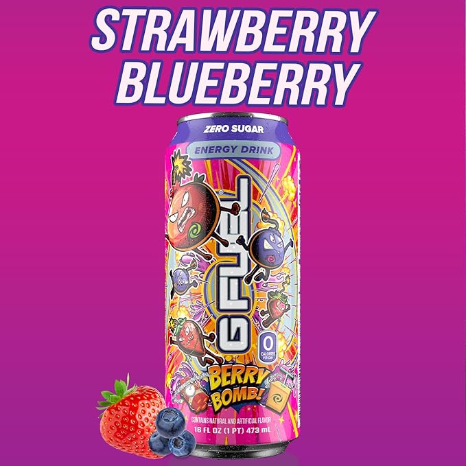 G Fuel Energy Drink Berry Bomb Sugar Free Carbonated Beverage with 300mg Caffeine Daily Energy Boost with Focus Amino Vitamin + Antioxidants 16 oz Cans (Berry Bomb 12-Pack)