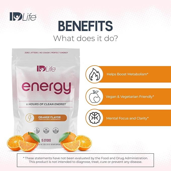 IDLife - Orange Energy Drink Powder - Sustained Energy Boost for Work Gym and Daily Use - 6-Hour Boost No Jitters or Crash - 15 Sticks Per Bag