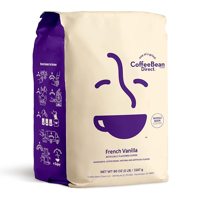 Coffee Bean Direct French Vanilla Flavored Whole Bean Coffee 5 Pound Bag (Pack of 1)