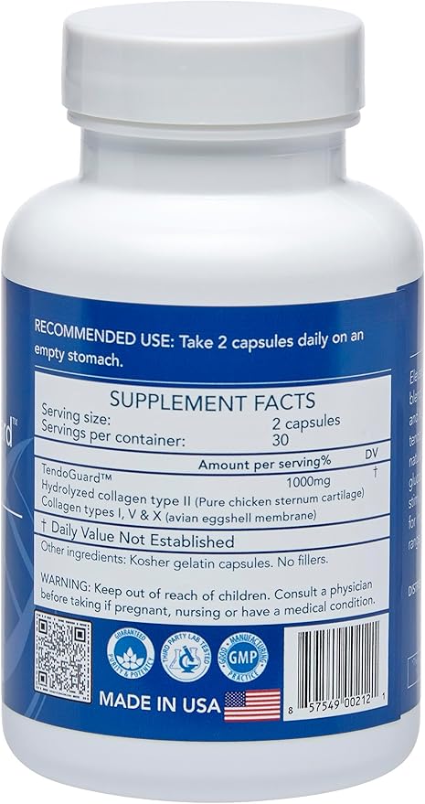 Longevity by Nature TendoGuard Joint Support Supplement with Collagen Peptides Hyaluronic Acid Supplements Tendon and Ligament 60 Capsules