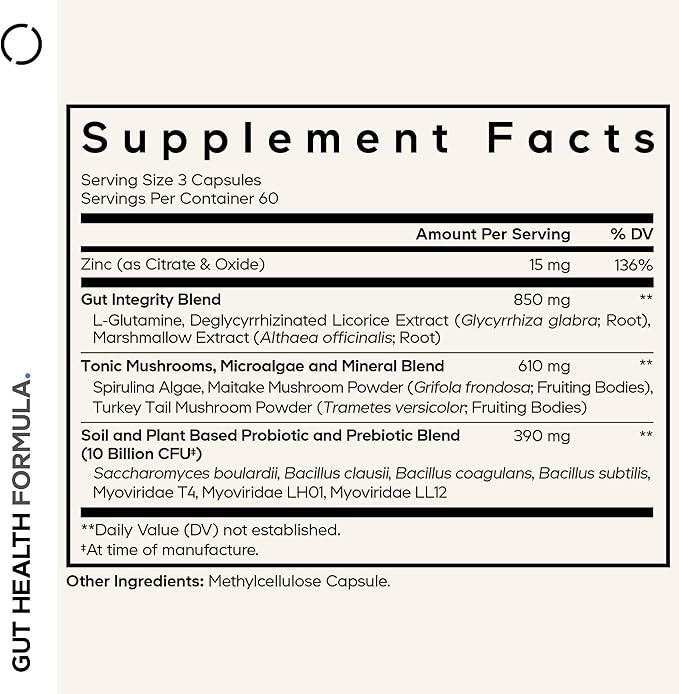 Codeage Gut Health Supplements Vegan Formula - L Glutamine Zinc Turkey Tail Mushroom Powder Tonic Mushroom Maitake Micro Algae Mineral Licorice Root DGL - Probiotics Prebiotics - 180 Capsules