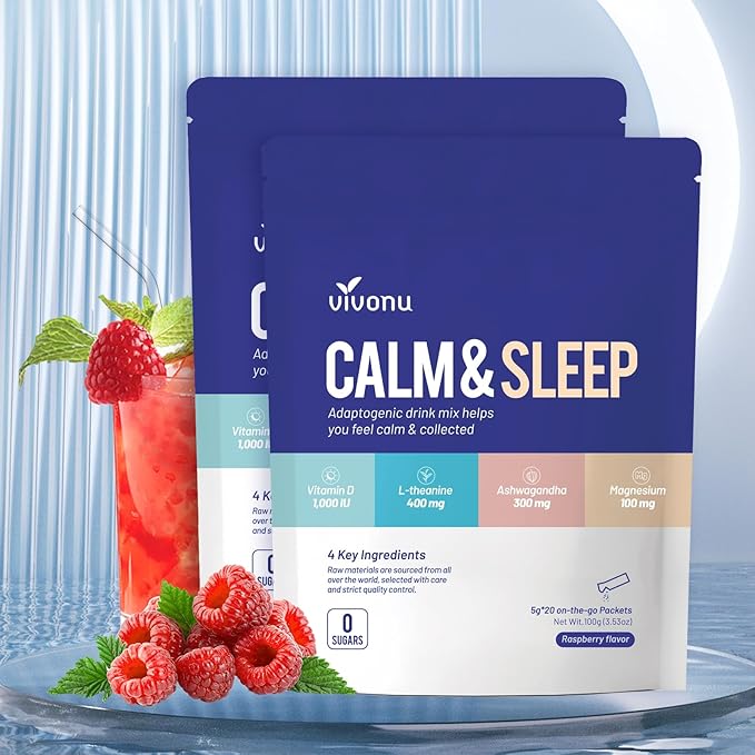 VivoNu Calm &amp Sleep Powdered Drink Mix Raspberry L Theanine Ksm-66 Ashwagandha Magnesium Glycinate Vitamin D 3 Supplements for Relaxation &amp Focus No Sugar Non GMO