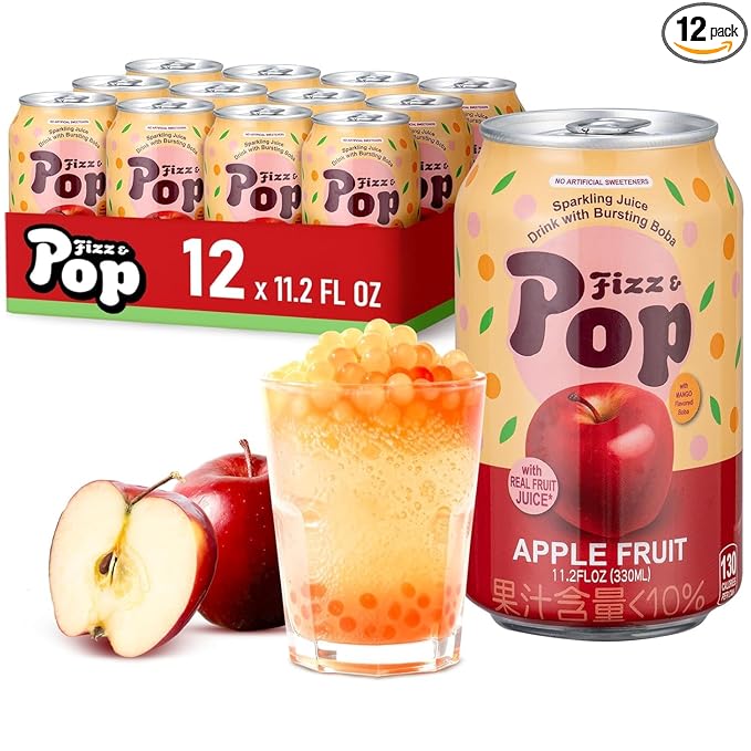 NÜLIFE Fizz &amp Pop Sparkling Popping Boba Drink Apple Carbonated Drink with Mango Style Bursting Pearls Sparkling Juice in Can Caffeine-Free Authentic Taiwan Sparkling Boba Fruit Juice 11.2 Fl