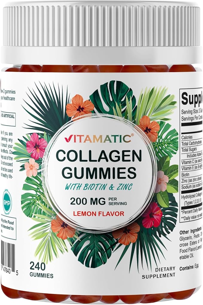 Vitamatic Hydrolyzed Collagen Gummies with Vitamin C Zinc and Biotin 200 mg - Healthy Skin Support - 240 Gummies