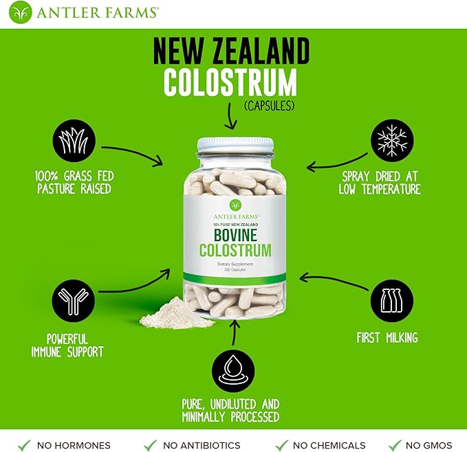 Antler Farms 100% Pure New Zealand Bovine Colostrum 220 Capsules 600mg - Grass Fed Pasture Raised Clean Sourced Cold Processed Undiluted High IgG Content