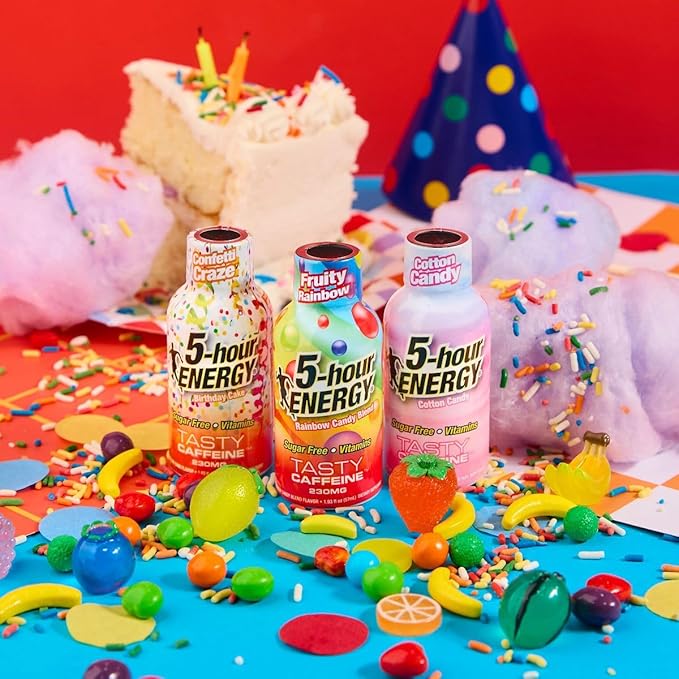 5-hour ENERGY Extra Strength Shots Birthday Cake Fruity Rainbow Cotton Candy Variety Pack 1.93 Fl oz 30 Bottles (12 Cotton Candy 12 Birthday Cake and 6 Fruity Rainbow)