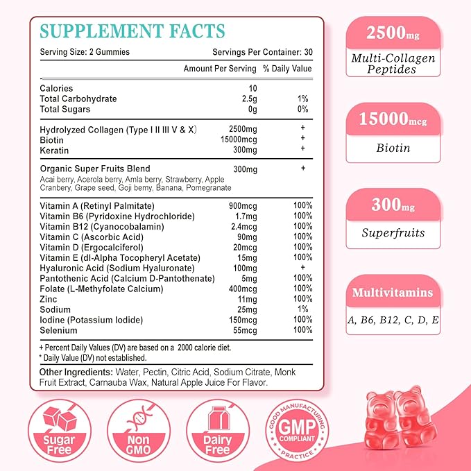 2 Pack Sugar Free Collagen Gummies for Women Men Multi Collagen Peptides Gummies Type I II III V X with Biotin Vitamin A B C D E for Hair Skin Nails Strawberry Flavor 120 Count