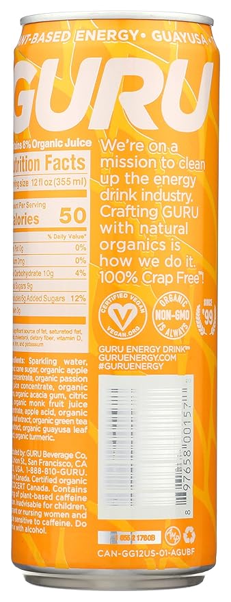 Guru Guayusa Tropical Punch Organic Energy Drink Vegan USDA Certified Organic Non-GMO 12 Fluid Ounce (Pack of 24)