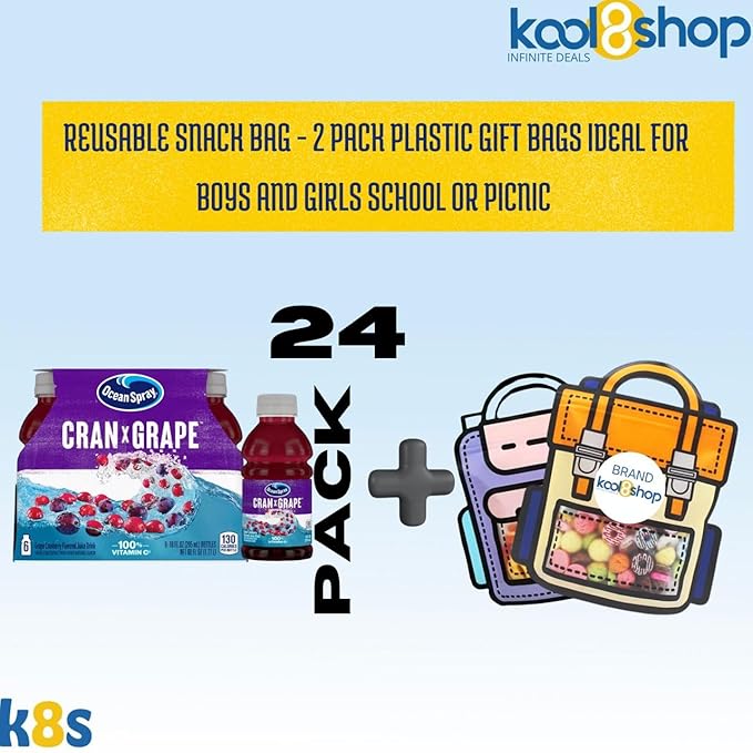 Ocean Spray Cran Grape Fruit Juice Drink 10 fl oz Plastic Bottles 24 Pack + 2 Reusable Snack Bags by KOOL8SHOP Infinite Deals