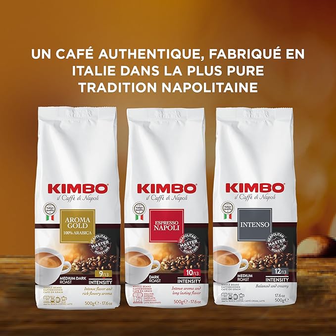 Kimbo Espresso Napoli Whole Bean Coffee - Blended and Roasted in Italy - A Dark Roast with Intense and Long Lasting Flavors - 17.6 oz Bag