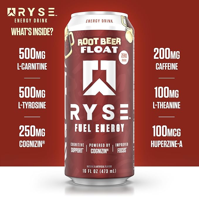 RYSE Fuel Energy Drink - Root Beer Float - Sugar Free - 200mg Natural Caffeine New Formula to Supports Cognitive Health &amp Improves Focus - No Artificial Colors - 16 fl oz Cans (12-Pack)