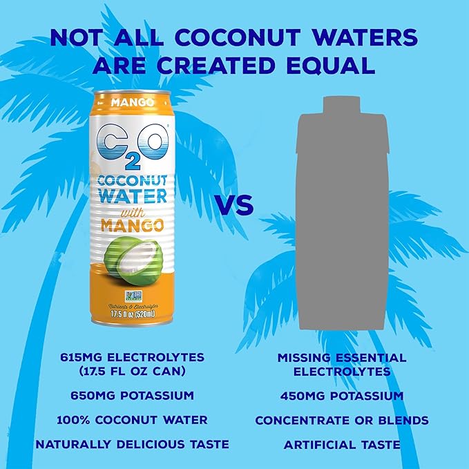 C2O - Coconut Water with Mango (12 Pack) - Made with Fresh Coconut Water - Plant Based - Non GMO - Canned Water - Natural Hydration Essential Electrolytes &amp Potassium - 12 Cans 17.5 FL OZ