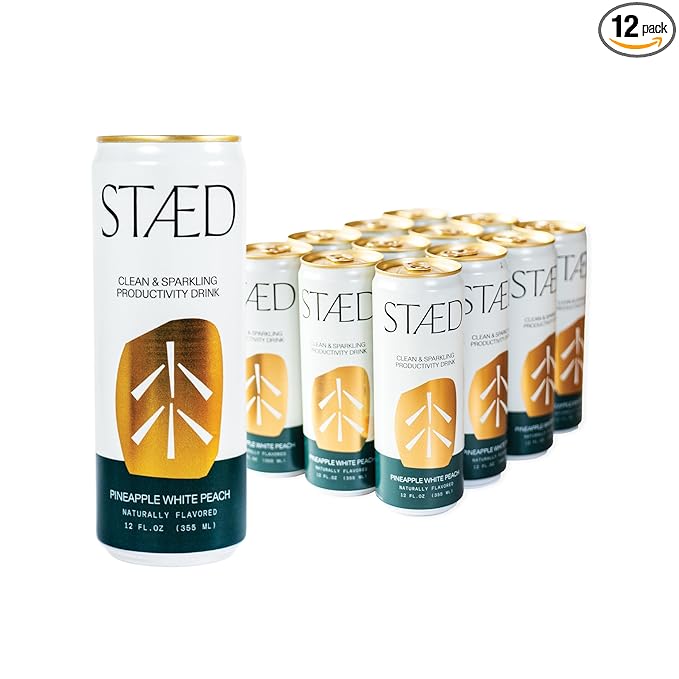 Drink Staed Pineapple White Peach Productivity Drink Sparkling Functional Beverage 12-Pack – With Cognizin® Citicoline &amp L-Theanine Organic Clean Caffeine Healthy Energy Drink