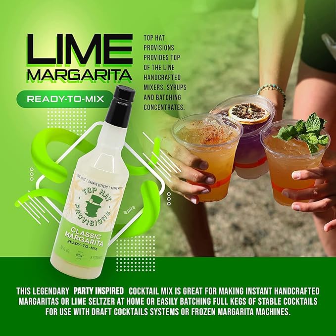 Top Hat Classic Agave Lime Margarita Mix - Handcrafted with Organic Agave Nectar &amp Organic Lime Juice - Lower in Sugar and Carbs - Cocktail Mix - Margarita Mixer - 2 Pack of 32oz Bottles