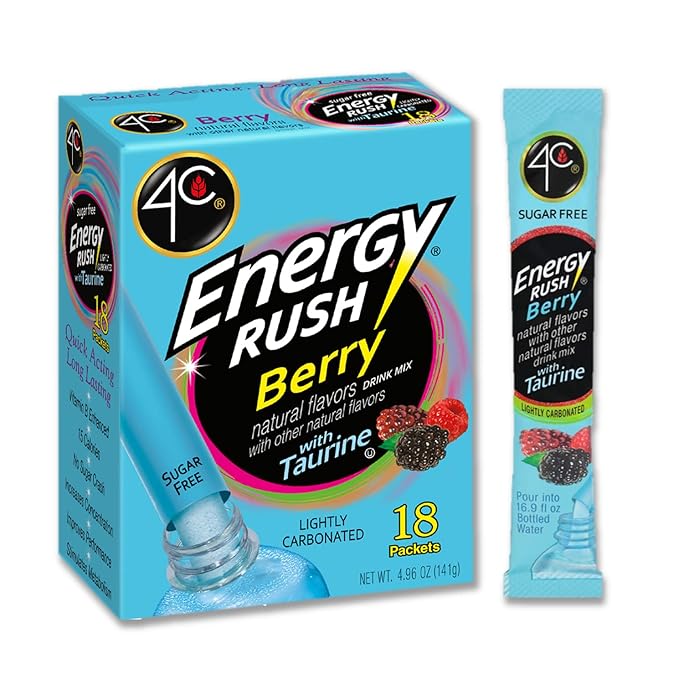 4C Energy Rush Stix Berry 6 Pack 18 Count Single Serve Water Flavoring Packets Sugar Free with Taurine On the Go Bundle