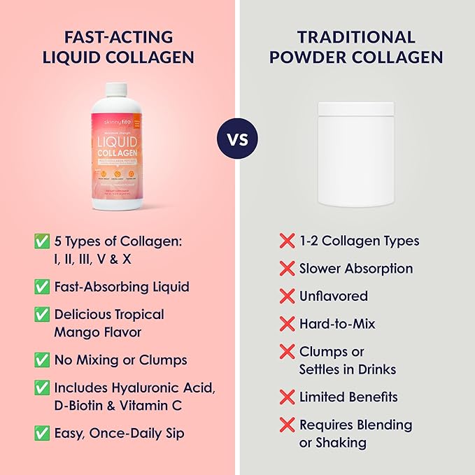 SkinnyFit - Liquid Collagen Tropical Mango (24 Servings) - Multi Collagen Peptides - D-Biotin Hyaluronic Acid Vitamin C - Non GMO Gluten Free - Dairy &amp Sugar Free - Body &amp Skin Care - 12.2