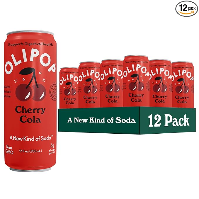 OLIPOP Prebiotic Soda Pop Cherry Cola Pantry Pack Packed with Prebiotics Fiber and Botanicals Gluten Free GMO Free 12oz Skinny (12-Cans)
