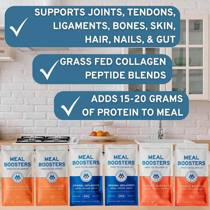 Meal Boosters MB Variety Pack Sampler Savory Protein Supplement Cheesy Cheese Buffalo Unflavored Grass-Fed Collagen Muscle Growth Tendon Ligament Hair Skin Repair Gut Health
