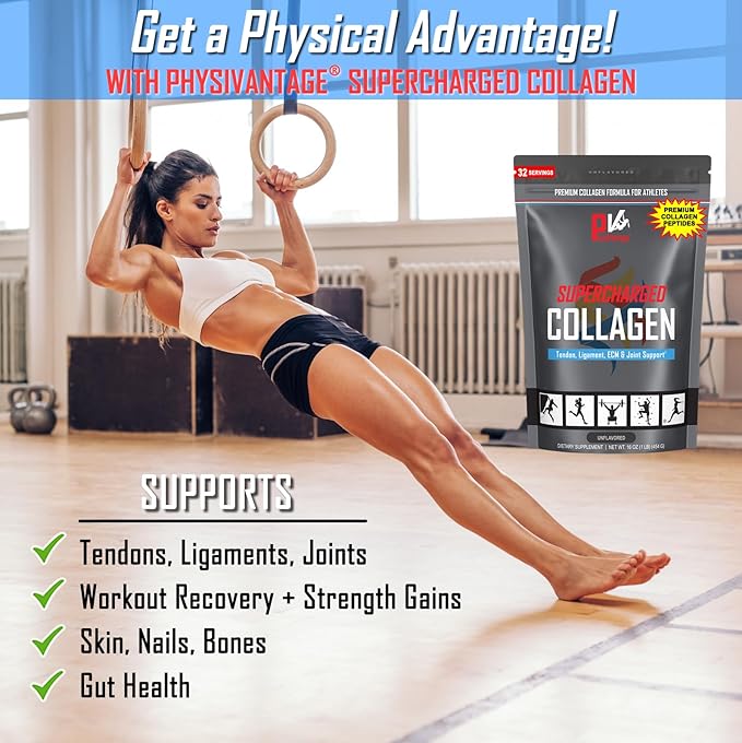 PhysiVantage Supercharged Collagen Peptides Powder - Hydrolyzed Collagen for Joint Tendon Ligament &amp Skin Health Support - Vanilla Keto Paleo 16oz | Enhanced with Vitamin C BCAAs Grass-Fed