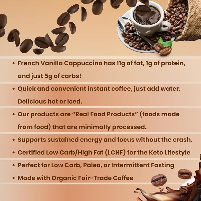 Keto Cappuccino - French Vanilla Coconut Cream - Keto Instant Coffee Mix with MCT Oil - Low Carb/High Fat Organic Coffee Supports Ketosis - Energy - No Sugar - Made in USA – 28 Servings