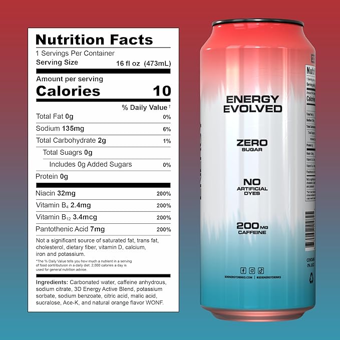3D Energy Drink – Sugar Free 200mg Caffeine Pre Workout Taurine L-Carnitine Lightly Carbonated 16oz Cans 12 Pack - Liberty Pop