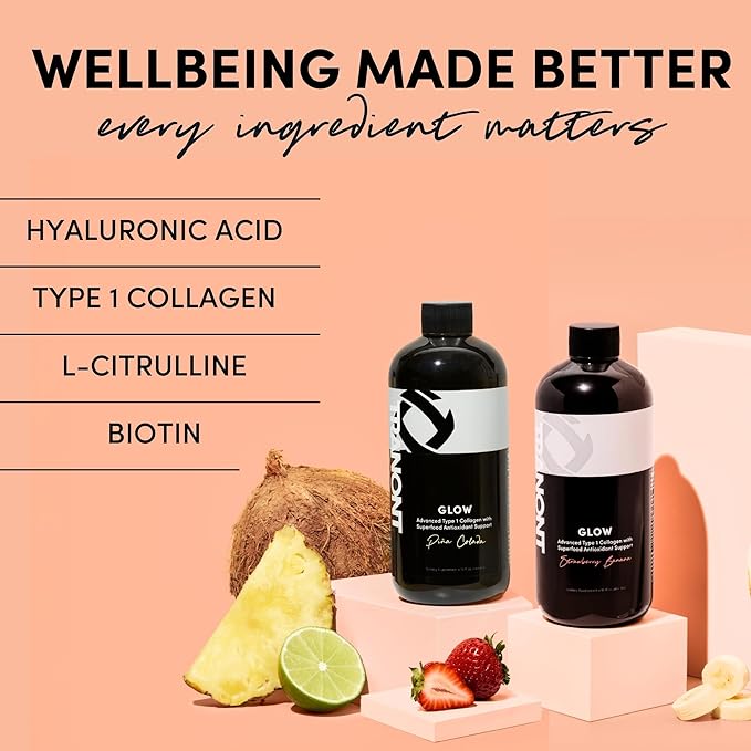 Tranont Glow Liquid Collagen for Women | Multi Collagen Peptides with Hyaluronic Acid &amp Biotin | Hair Skin &amp Nail Support | Hydrolyzed Collagen Shot | Strawberry Banana &amp Piña Colada | 30
