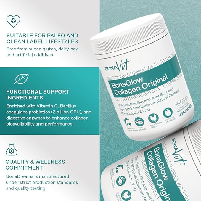 Multi Collagen Peptides - Types I II III IV V &amp X - Premium Hydrolyzed Collagen Powder for Women &amp Men - with Vitamin C Digestive Enzymes &amp Probiotics - 44 servings - BonaGlow Unflavo