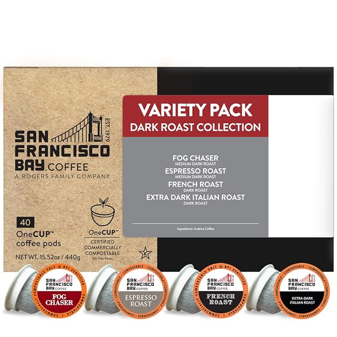 San Francisco Bay Coffee - Dark Roast Variety Pack (40 ct) - Fog Chaser Espresso Roast French Roast &amp Extra Dark Italian - Single Serve Coffee Pods Commercially Compostable K Cup Compatible