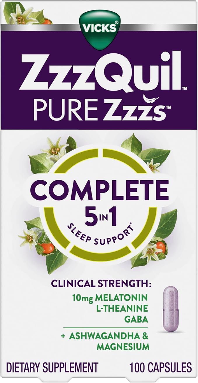 ZzzQuil Pure Zzzs Complete Sleep Melatonin 10mg L-Theanine GABA with Ashwagandha and Magnesium Melatonin Sleep Aid 100 Count