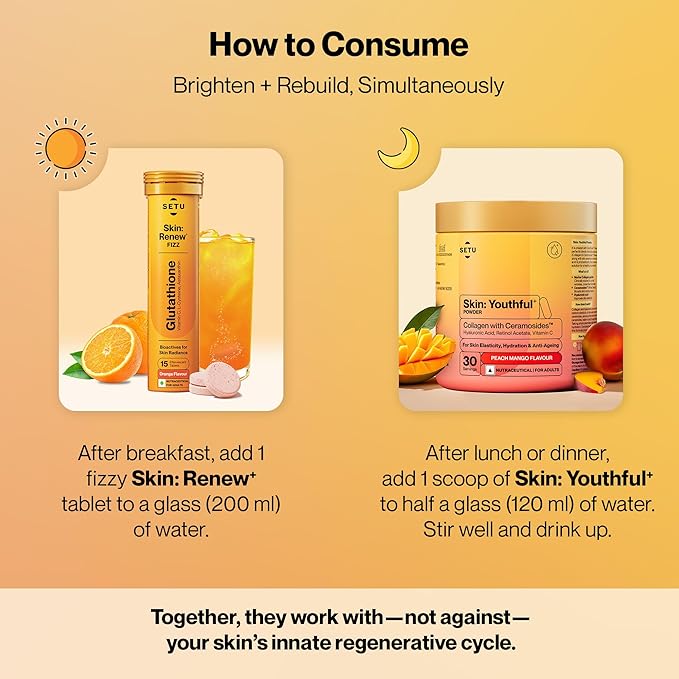 SETU Radiant Skin: Combo Contains 8g Marine Collagen + Ceramosides &amp 8-in-1 Glutathione Fizzy Tabs | Supports Radiant Healthy Skin | for Men &amp Women
