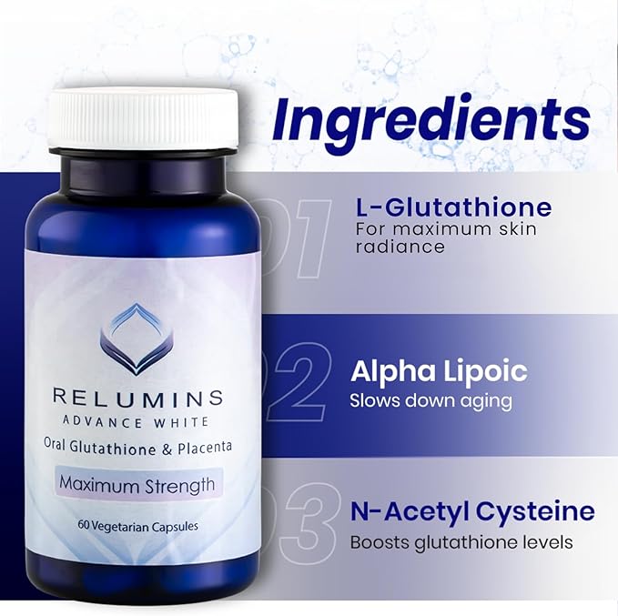 Relumins Advanced White Glutathione Capsules - Max Strength Brightening Supplement with ALA Placenta Rose HIPS &amp Vitamin C - Fights Oxidative Stress Supports Collagen &amp Made in USA - 10 Bot