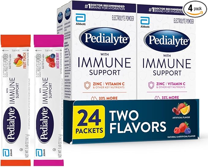 Pedialyte with Immune Support Electrolyte Drink Powder with Vitamin C and Zinc Advanced Hydration Variety Pack: Fruit Punch and Mixed Berry 24 Powder Packets