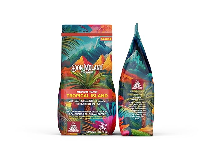 Don Molano Coffee Tropical Island Ground Coffee Medium Roast 16oz - Premium Colombian Coffee Halal Certified – A balanced and smooth blend of luxurious Premium Arabica beans with notes of citrus w