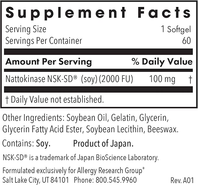 Allergy Research Group - Nattokinase Supplement NSK-SD 2000 FU 100mg - Cardiovascular/Circulatory Health - 60 Softgels