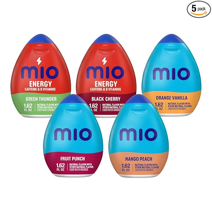 Mio Water Enhancement Variety Pack Includes Green Thunder Black Cherry Orange Tangerine Fruit Punch and Mango Peach 1.62 Fl Oz each (Pack of 5)
