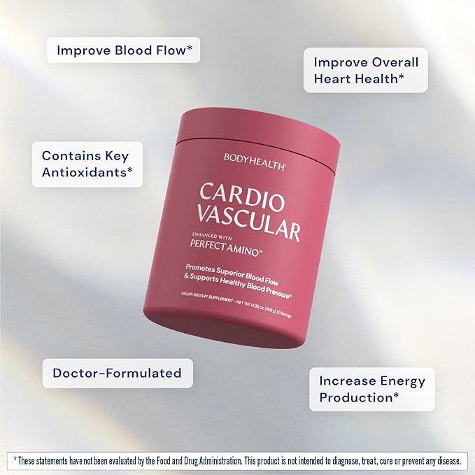BodyHealth Cardio Vascular with PerfectAmino Blood Flow and Heart Health Supplement Support with CoQ10 Nicotinamide Riboside Resveratrol and D-Ribose Chocolate Flavor 30 Servings
