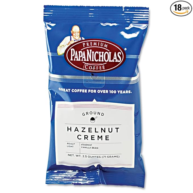 Papanicholas Coffee PCO25187 Hazelnut Creme-Flavored Arabica Ground Coffee Packets (Pack of 18)