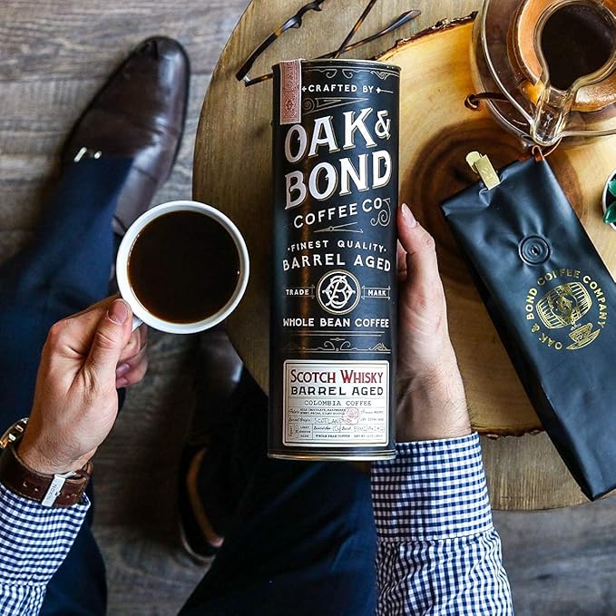 Scotch Whisky Barrel Aged Coffee Colombia Single Origin Washed Whole Coffee Bean Medium Roast w/Flavor Notes of Milk Chocolate Raspberry Honey Silky Scotch by Oak &amp Bond Coffee Co. – 10oz.