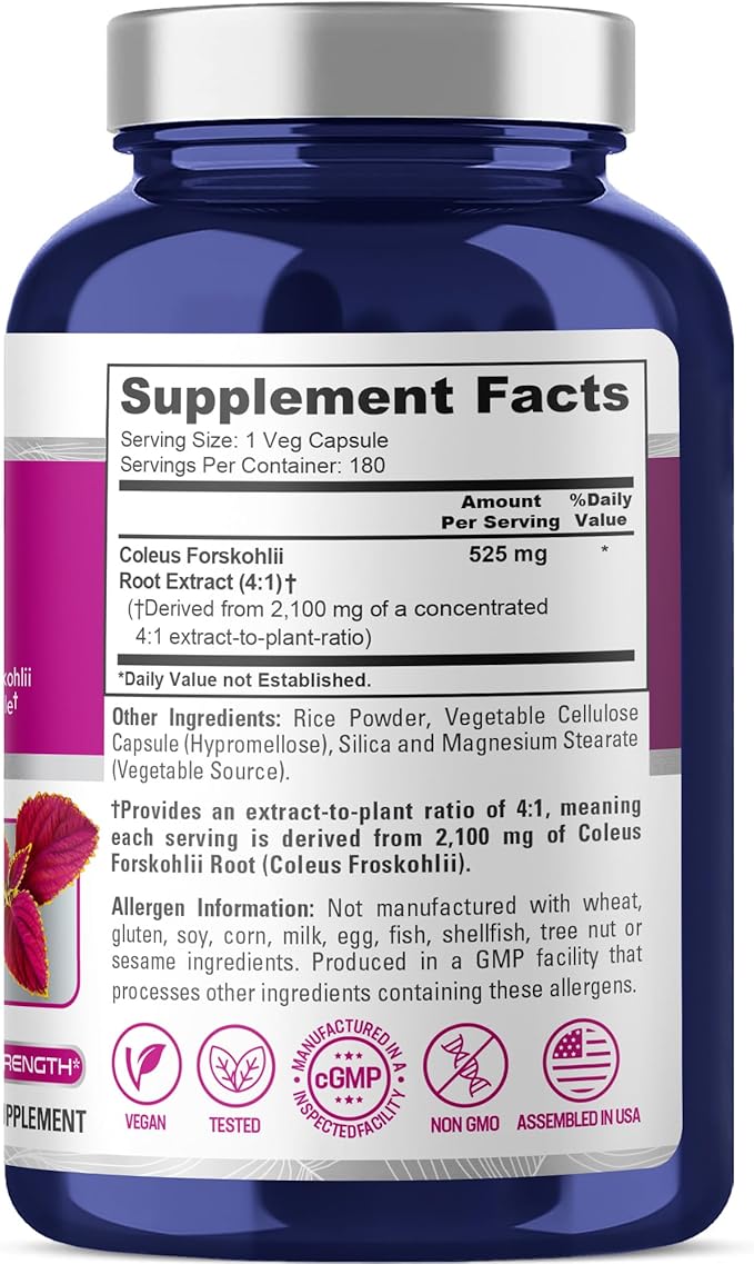NusaPure Forskohlii 4:1 Extract 525 mg Equivalent to 2100 mgper Veggie Caps - 180 Capsules (Non-GMO Vegan &amp Gluten Free)