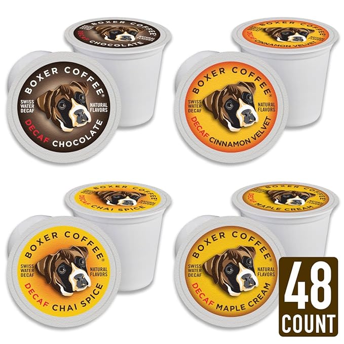 Boxer Coffee 48 Count Decaf Coffee Pods – Swiss Water Process Medium Roast Variety Pack Compatible with Keurig K-Cup Brewers Single-Serve Cups Gourmet Artisan All-Natural Flavors